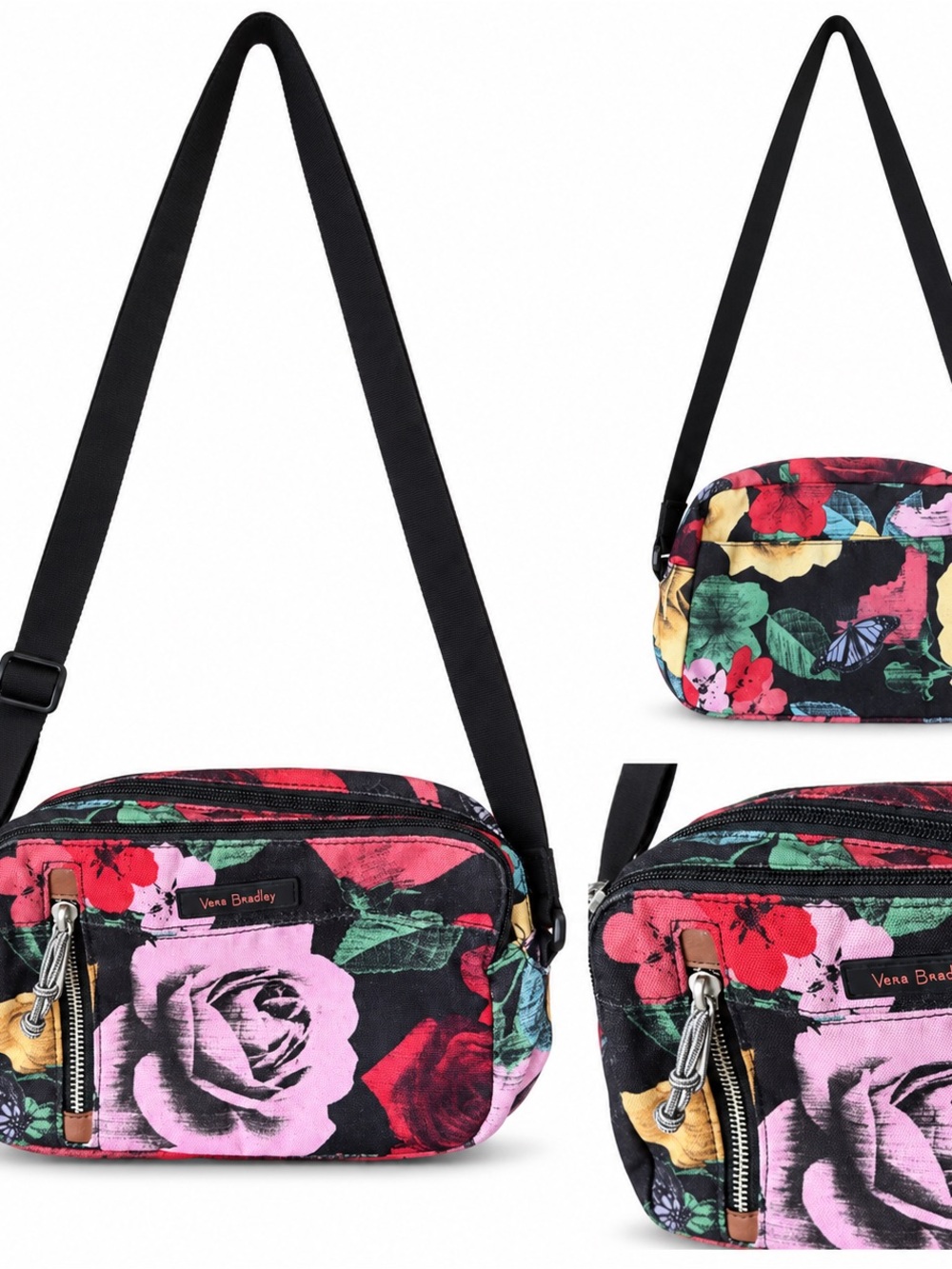Vera Bradley Rose Floral Crossbody Bag Black Pink Red